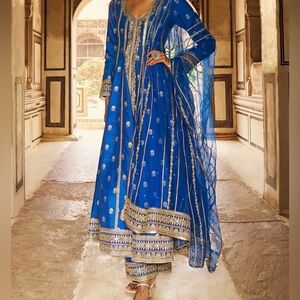 Blue Embroidered Anarkali Style Palazzo